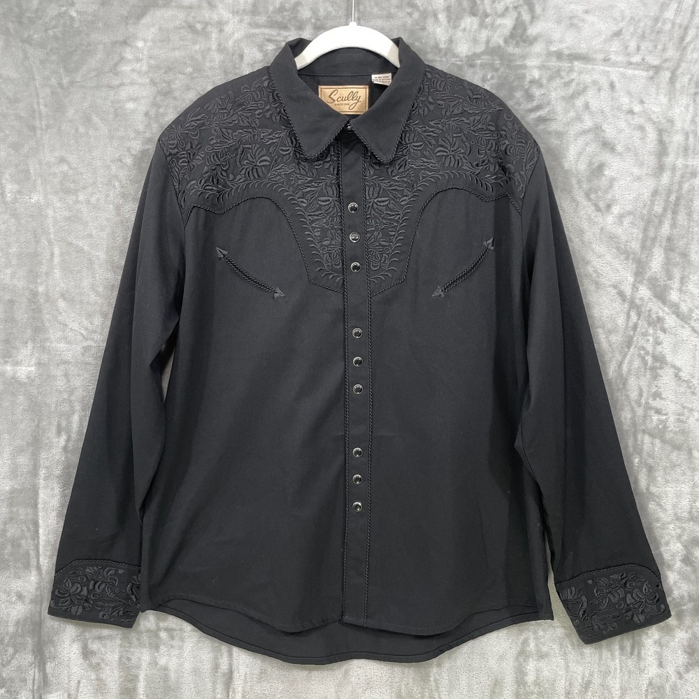 Scully Men's Large Pearl Snap Embroidered Western Cowboy Shirt  Rodeo Wear Black